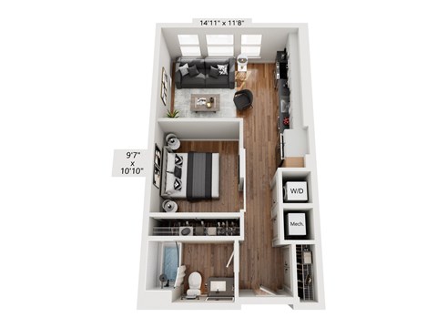 Floor plan for studio, 1 bath, 582 sqft
